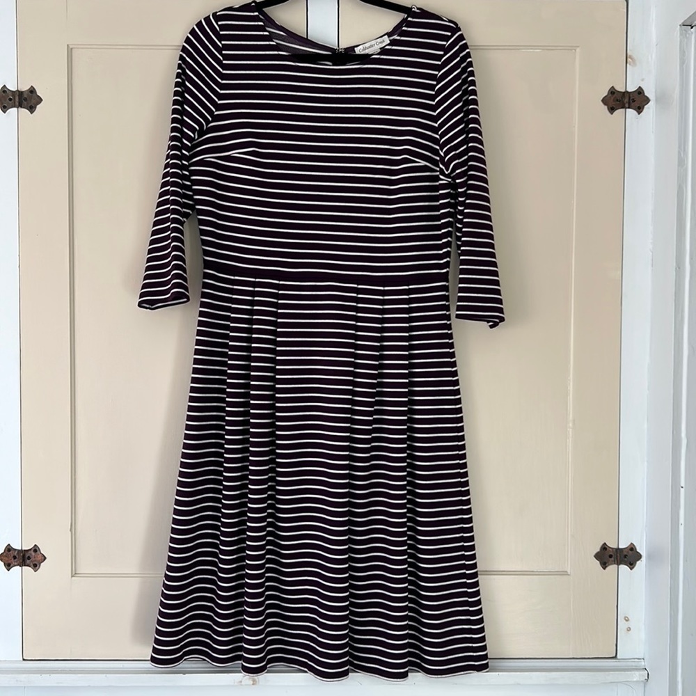 Coldwater Creek Purple and White Striped Fit & Flare Dress, 3/4 sleeves, size 12